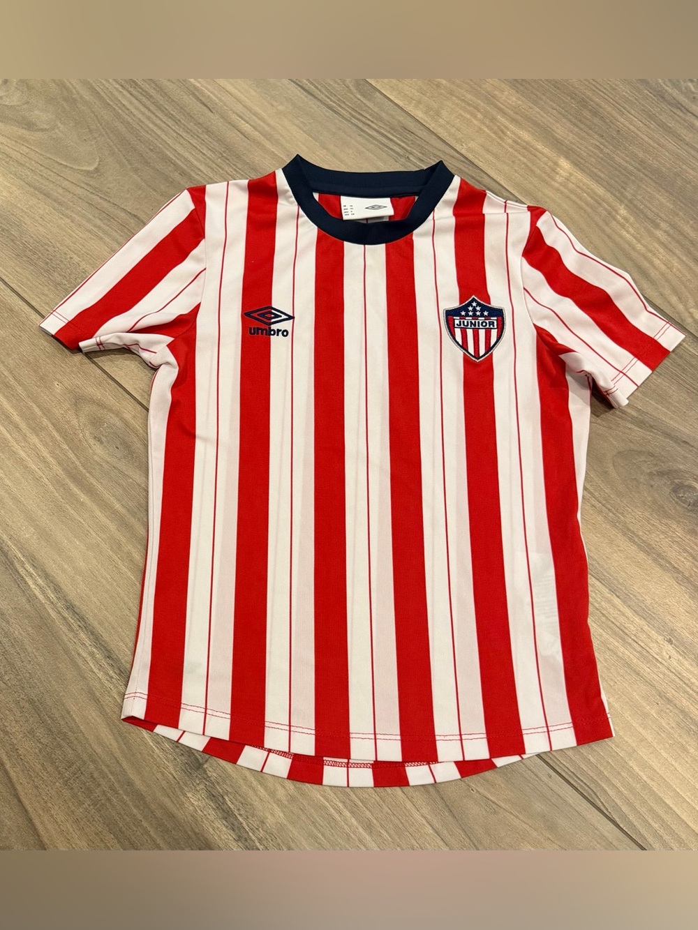 Junior Barranquilla Red and White Striped Kids Soccer Jersey with Navy Trim